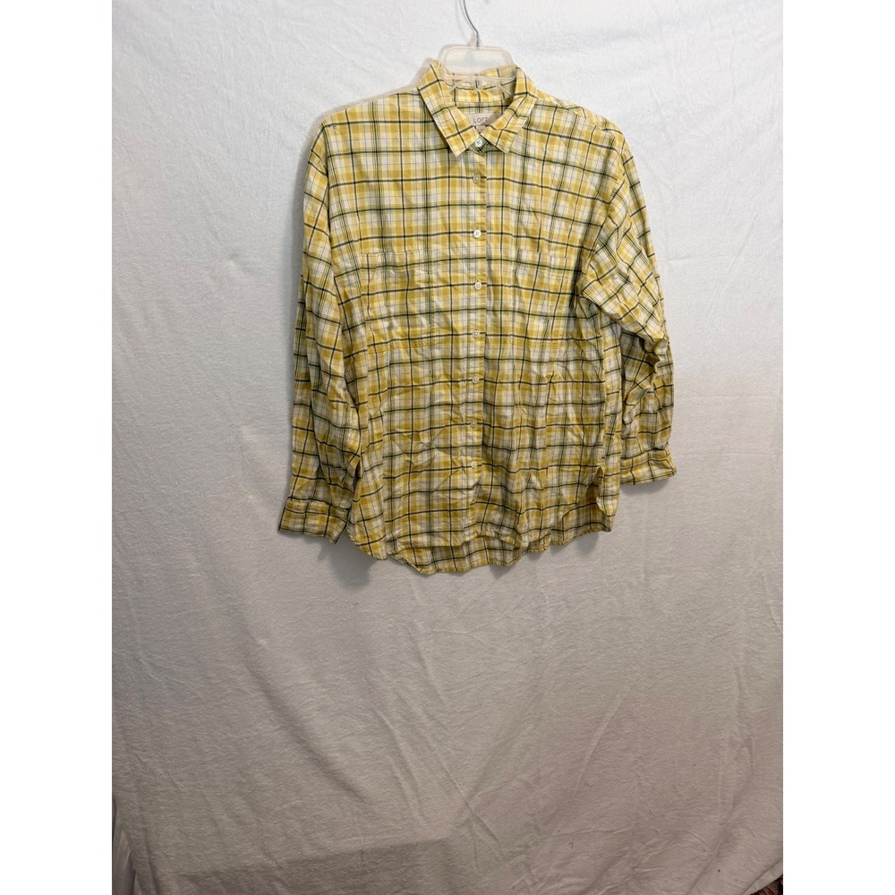 Loft Womens Yellow White Plaid Cotton Button Down Shirt XL Long Sleeve Pocket